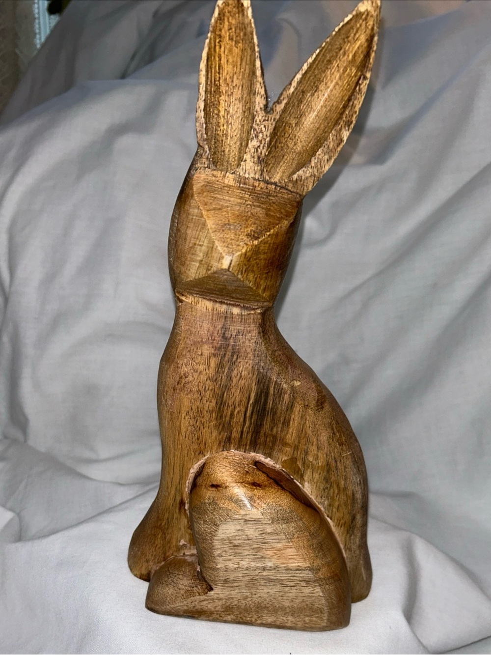 Hand-Carved Wooden Bunny Sculpture - Natural Brown